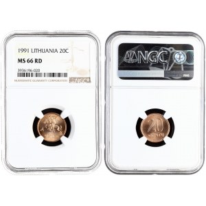 Lithuania 20 Centų 1991 Averse: National arms. Reverse: Value. Bronze. KM 89. NGC MS 66 RD TOP POP