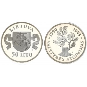 Lithuania 50 Litų 1995LMK 5th Anniversary - Independence. Averse: National arms flanked by ribbon with value below...