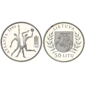 Lithuania 50 Litų 1996 Atlanta Olympics. Averse: National arms flanked by sprigs. Reverse: Basketball players...