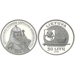 Lithuania 50 Litų 1996 Gediminas. Averse: National arms at upper left within patterned circle...