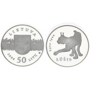 Lithuania 50 Litų 2006 Lynx. Averse: National arms on forest background. Reverse: Lynx prowling. Edge Description...