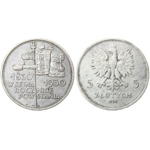 Poland 5 Zlotych 1930 (w) Centennial of 1830 Revolution. Averse: Crowned eagle with wings open flanked by value...