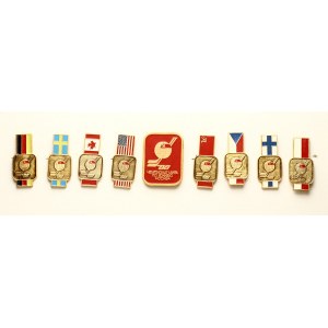 Russia USSR Set (1986) of 9 Souvenir Pins 'Ice Hockey World Championship Moscow-86'. Aluminum. Paint. With Pack...