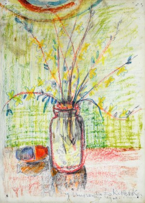 Janina MUSZANKA - ŁAKOMSKA (1920-1982), Gałązki z żółtymi kwiatkami w szklanym słoju