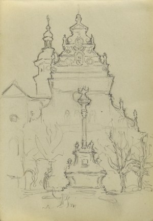 Józef PIENIĄŻEK (1888-1953), Widok na fasadę kościoła – karta ze szkicownika
