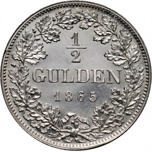 Niemcy, Bawaria, Ludwik II, 1/2 guldena 1865, Monachium, stempel lustrzany (PROOF)