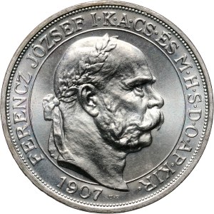 Węgry, Franciszek Józef I, 5 koron 1907 KB UP, Kremnica, Koronacja, Restrike, Stempel lustrzany