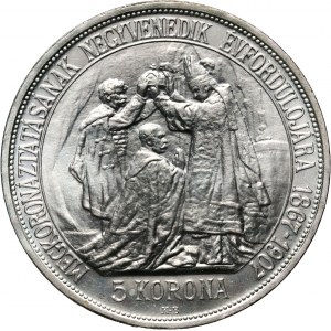 Węgry, Franciszek Józef I, 5 koron 1907 KB UP, Kremnica, Koronacja, Restrike, Stempel lustrzany