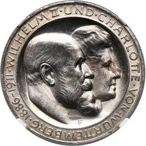 Niemcy, Wirtembergia, Wilhelm II, 3 marki 1911 F, Stuttgart, Srebrne Gody