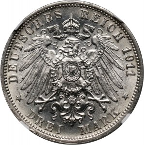 Germany, Wurttemberg, Wilhelm II, 3 Mark 1911 F, Stuttgart, Silver Wedding Anniversary