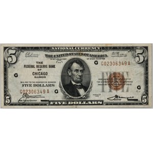 USA, The Federal Reserve Bank of Chicago, 5 Dollars 1929