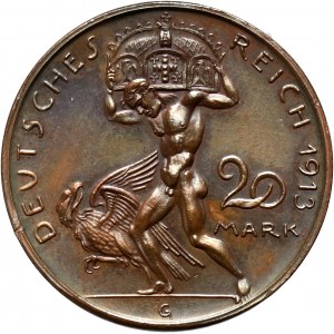 Niemcy, Prusy, Wilhelm II, 20 marek 1913 G, Karl Goetz, PRÓBA, stempel lustrzany