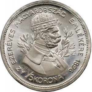 Węgry, Franciszek Józef I, 5 koron 1896 KB, Kremnica, Millenium, Restrike, Stempel lustrzany