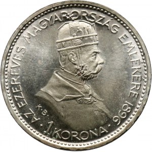 Węgry, Franciszek Józef I, 1 korona 1896 KB, Kremnica, Millenium, Restrike, Stempel lustrzany