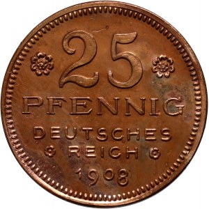 Niemcy, 25 fenigów 1908 D, Karl Goetz, PRÓBA, stempel lustrzany