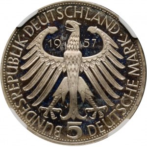 Niemcy, 5 marek 1957 J, Joseph von Eichendorff, stempel lustrzany (PROOF)