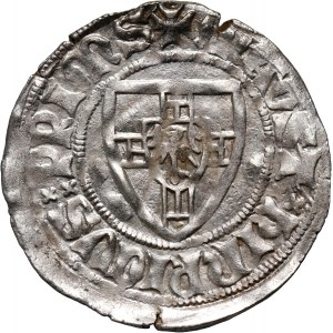 Zakon Krzyżacki, Henryk I von Plauen 1410–1414, szeląg, z literą D nad tarczą, Gdańsk