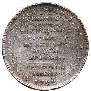 France, Republic, 5 Sols 1792, Monneron Freres, Paris