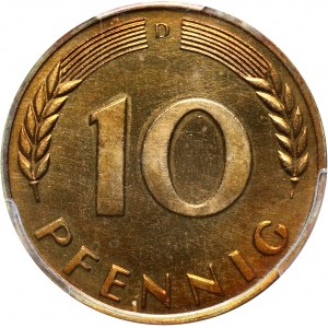 Niemcy, 10 fenigów 1949 D, Monachium, stempel lustrzany (PROOF)