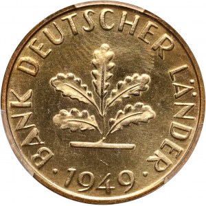 Niemcy, 10 fenigów 1949 D, Monachium, stempel lustrzany (PROOF)
