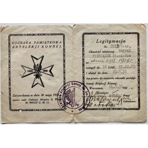 Legitimation of Horse Artillery Squadron No. 8515 from the year 1931 issued to corporal Stanislaw Pieniazek