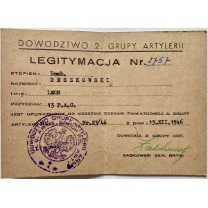 Legitymacja odznaki pamiątkowej Drugiej Grupy Artylerii z dnia 15.XII.1946