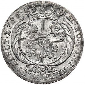 August III, Ort koronny 1755, Lipsk, szerokie popiersie, data szeroko
