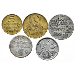 1/2 guldena 1923, 1/2 guldena 1932, 10 fenigów 1923, 10 fenigów 1932, 5 fenigów 1932 – razem 5 sztuk