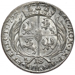 August III, ort koronny 1754, Lipsk, z mniejszą głową władcy i charakterystycznym podbródkiem.