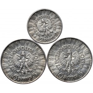 Zestaw 2 złote Piłsudski 1934, 5 złotych Piłsudski 1935, 5 złotych Piłsudski 1936, razem 3 sztuki.