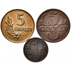 5 groszy 1938, grosz 1938, 5 groszy 1949 - razem 3 szt.