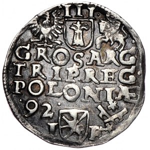 Zygmunt III Waza, trojak 1592, Poznań, szeroka twarz króla, data z lewej