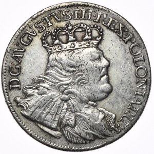 August III, ort koronny 1754, Lipsk, wyłóg płaszcza układa się w literę C.