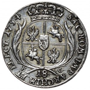 August III, ort koronny 1754, Lipsk, wyłóg płaszcza układa się w literę C.