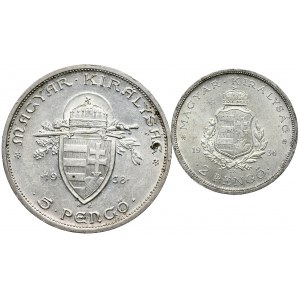 Węgry, 5 pengo 1938, 2 pengo 1936 - zestaw 2 szt.