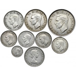 Wielka Brytania, zestaw od 3 pensów do korony 1937-1966, razem 9 sztuk