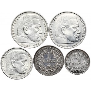 Niemcy, Cesarstwo, III Rzesza, zestaw od 1/2 marki do 5 marek 1915-1939, razem 5 szt.