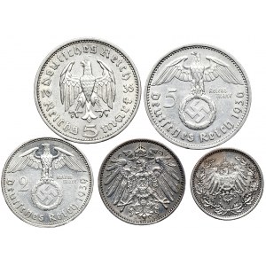 Niemcy, Cesarstwo, III Rzesza, zestaw od 1/2 marki do 5 marek 1915-1939, razem 5 szt.