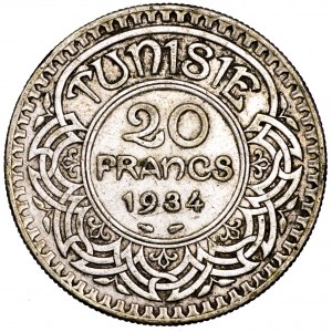 Tunezja, Ahmad II, 20 franków 1934 - rzadkie