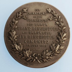 Rakousko - Uhersko / AE medaile na sňatek Fr. Ringhoffera 19.6.1900 v Kamenici, postříb. Br, 50 mm...
