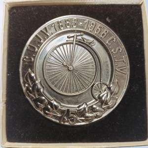 ČSSR / Medaile 1958 - 75. výročí založení ČÚJV (České ústředí jednoty velocipedistů), postříbřená umělá hmota, 70 mm...