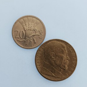 Období 1918-1938 / 20 Haléř 1938, sbír., 10 Kčs 1990 TGM, sig. nečitelná, 2 ks