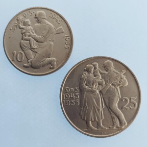 Období 1945-1990 / 25 + 10 Kčs 1955 osvobození, Ag, 2 ks