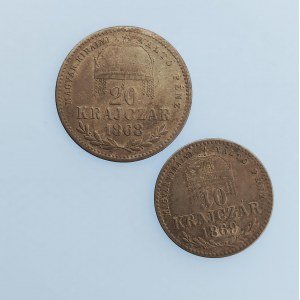 Rakouská konvenční a spolková měna / 10 Krejcar 1869 KB, 20 Krejcar 1868 KB - MAGYAR KIRALYI, Ag...