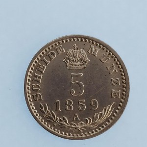 Rakouská konvenční a spolková měna / 5 Krejcar 1859 A, krásný s RL, Ag,