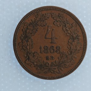 Rakouská konvenční a spolková měna / 4 Krejcar 1868 KB, patina, Cu,