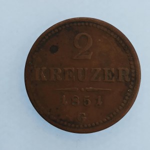 Rakouská konvenční a spolková měna / 2 Krejcar 1851 G, velké G, oxid., Cu,