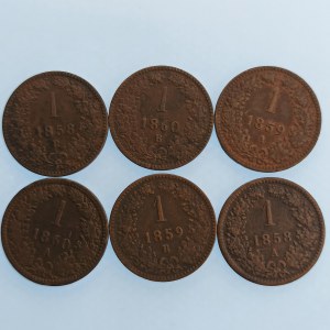 Rakouská konvenční a spolková měna / 1 Krejcar 1858 A,B, 1859 A, B, 1860 A, B, Cu, 6 ks