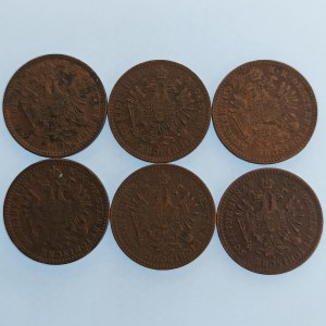 Rakouská konvenční a spolková měna / 1 Krejcar 1858 A,B, 1859 A, B, 1860 A, B, Cu, 6 ks