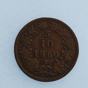 Rakouská konvenční a spolková měna / 5/10 Krejcar 1860 V, Cu,